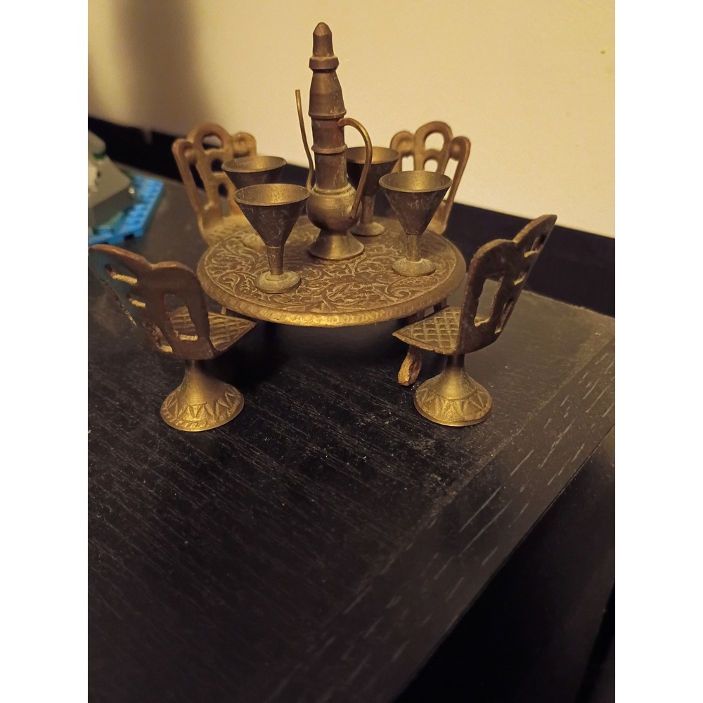 Vintage Brass Miniature Dining Set Etched Table 4 Chairs Pitcher Cups 10 Piece